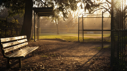 Fototapeta premium Sunlit park bench and baseball field in peaceful morning light