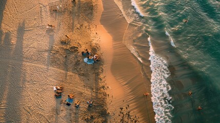 An aerial view of a group of people having a picnic on the beach, surrounded by vehicles, pollinators, insects, patterns in the landscape, woods, soil, terrestrial animals, wildlife, and beehives