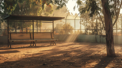 Sunrise light filters through trees at empty baseball dugout