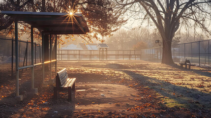 Sunrise at a peaceful sports facility with shimmering frost