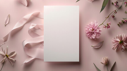 Elegant wedding invitation mockup with floral and ribbon accents