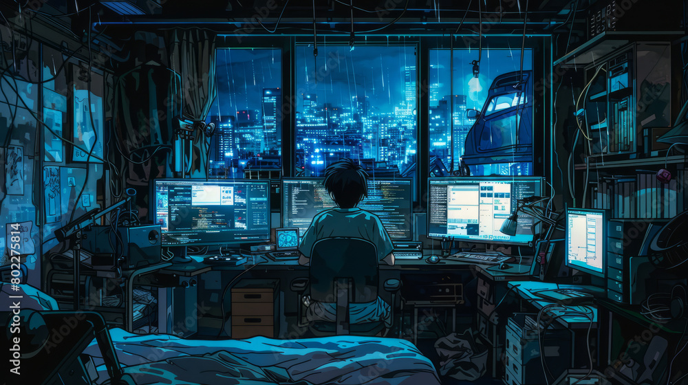 Poster programmer working late in a vibrant urban home office setting