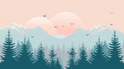 Serene mountain landscape with forest and sunset