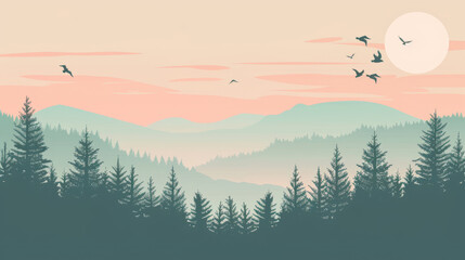 Serene landscape of forest, mountains, and flying birds at sunrise