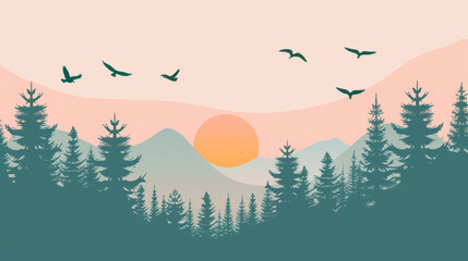 Serene Sunset Over Mountainous Pine Forest with Birds