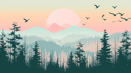 Serene forest landscape with birds flying over mountains
