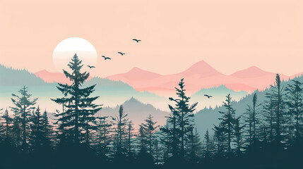 Serene forest landscape with mountains and flying birds