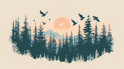 Silhouette of forest and mountains at sunset with flying birds