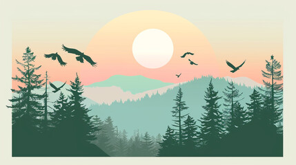 Serene sunset landscape with birds flying over forest