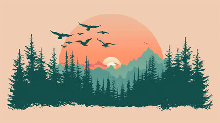 Sunset over mountains and forest with flying birds silhouette
