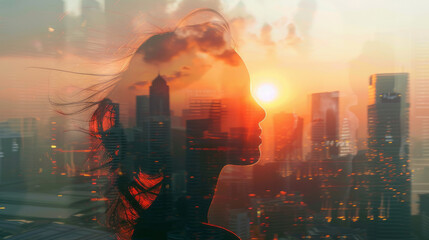 Double exposure of a woman's silhouette against urban sunset