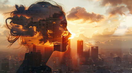 Woman silhouette with cityscape and sunset double exposure