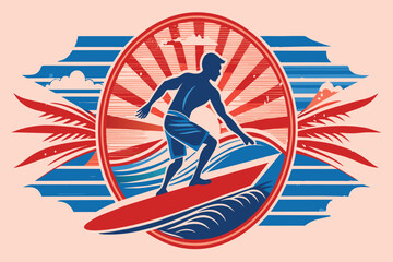 A man is surfing on a surfboard with a red, white, and blue background