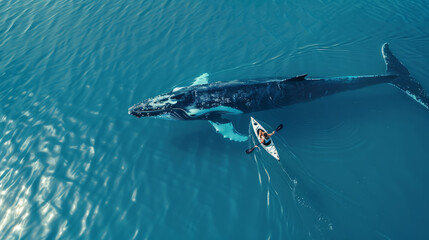 Kayaker paddles near a whale in clear blue ocean