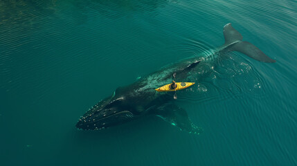 Kayaker encounters a humpback whale in serene ocean waters