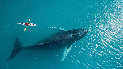 Kayaker and whale in close encounter captured from above