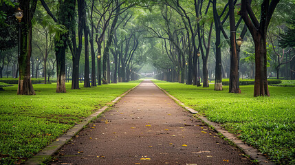 Fototapeta premium Serene public park pathway surrounded by lush green trees