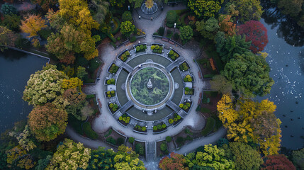 Aerial view of a scenic public park with vibrant autumn colors