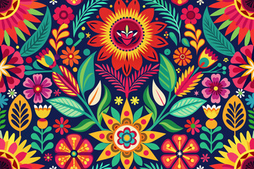 Fototapeta na wymiar A seamless vector pattern featuring vibrant floral motifs with bold outlines, reminiscent of Mexican folk art, perfect for Cinco de Mayo decorations or fabric designs.