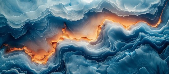 Obraz premium Top down view of an intricate pattern of flowing lava and blue agate geode style waves, with an orange color scheme, Generative AI