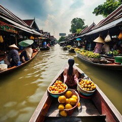 A joyful long-tail boat ride through Floating Market Damnoen Saduak, captured with a wide-angle lens to encompass Thai culture.