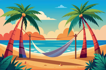 Fototapeta na wymiar A beach scene with two palm trees and a hammock