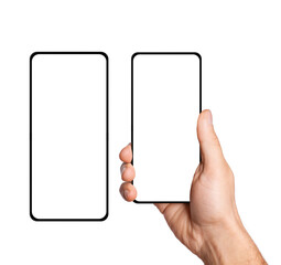 A man's hand holds the phone horizontally. On an empty background.