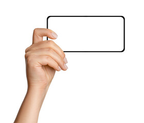 A woman's hand holds the phone horizontally. On an empty background.