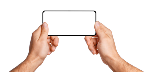 Male hands hold the phone horizontally. On an empty background.