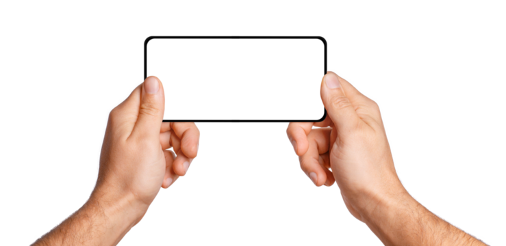 Male hands hold the phone horizontally. On an empty background.