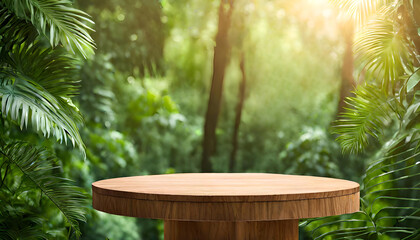 wooden stage on nature background with presentation.