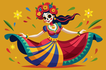 Bailarina folclórica mexicana con un vibrante vestido rojo y verde, dando vueltas durante la celebración del Cinco de Mayo.
