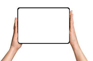 Female hands holding tablet with blank screen on empty background