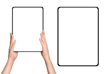 Female hands holding tablet with blank screen on empty background