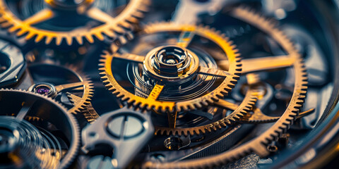 close up of clock mechanism Golden clock mechanism macro photography style for wallpaper  - obrazy, fototapety, plakaty