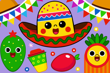 Fototapeta premium Kawaii Cinco de Mayo Fiesta: Cute Food Vector Collection