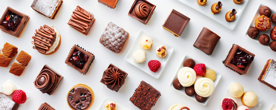 flat lay display of elegant dessert trays filled with gourmet petit fours and bite-sized treats on a white background.