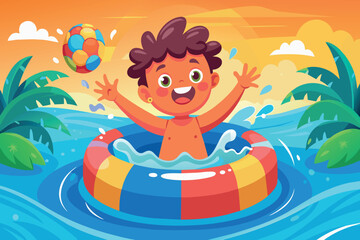 A boy is playing in the water with a red, yellow and blue inflatable raft