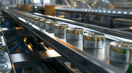 Cans moving along a conveyor belt in a beverage production facility during daytime