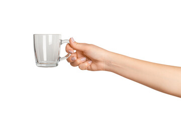 female hand holding empty glass cup on empty background
