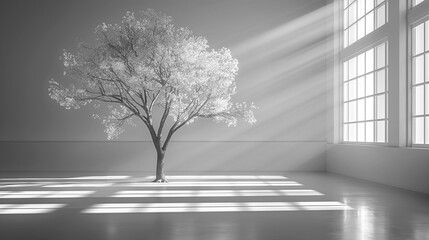 Background with tree in room with dramatic lighting, black and white, AI-generative