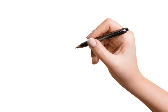 Female hand with pen on empty background