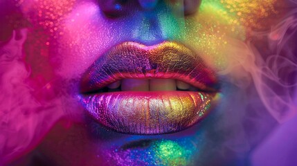 Neon lips set against a vibrant, multicolored smoky background, their luminescence a stark contrast to the vivid hues around them.