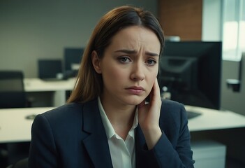 Obraz premium Young sad woman in office, having problem