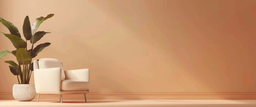  Minimalistic Armchair and Potted Plant on Peach Background