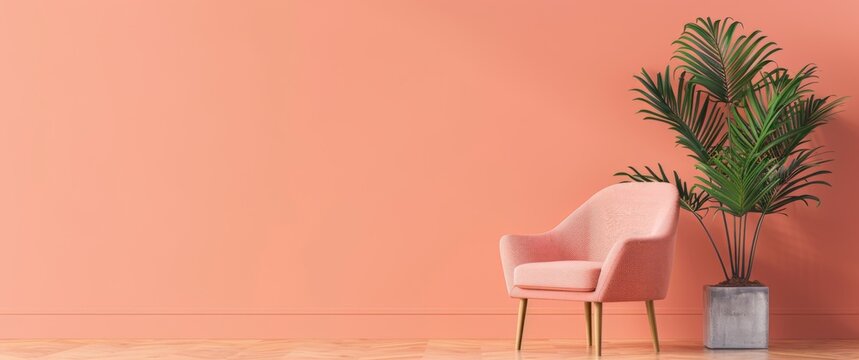  Minimalistic Armchair and Potted Plant on Peach Background
