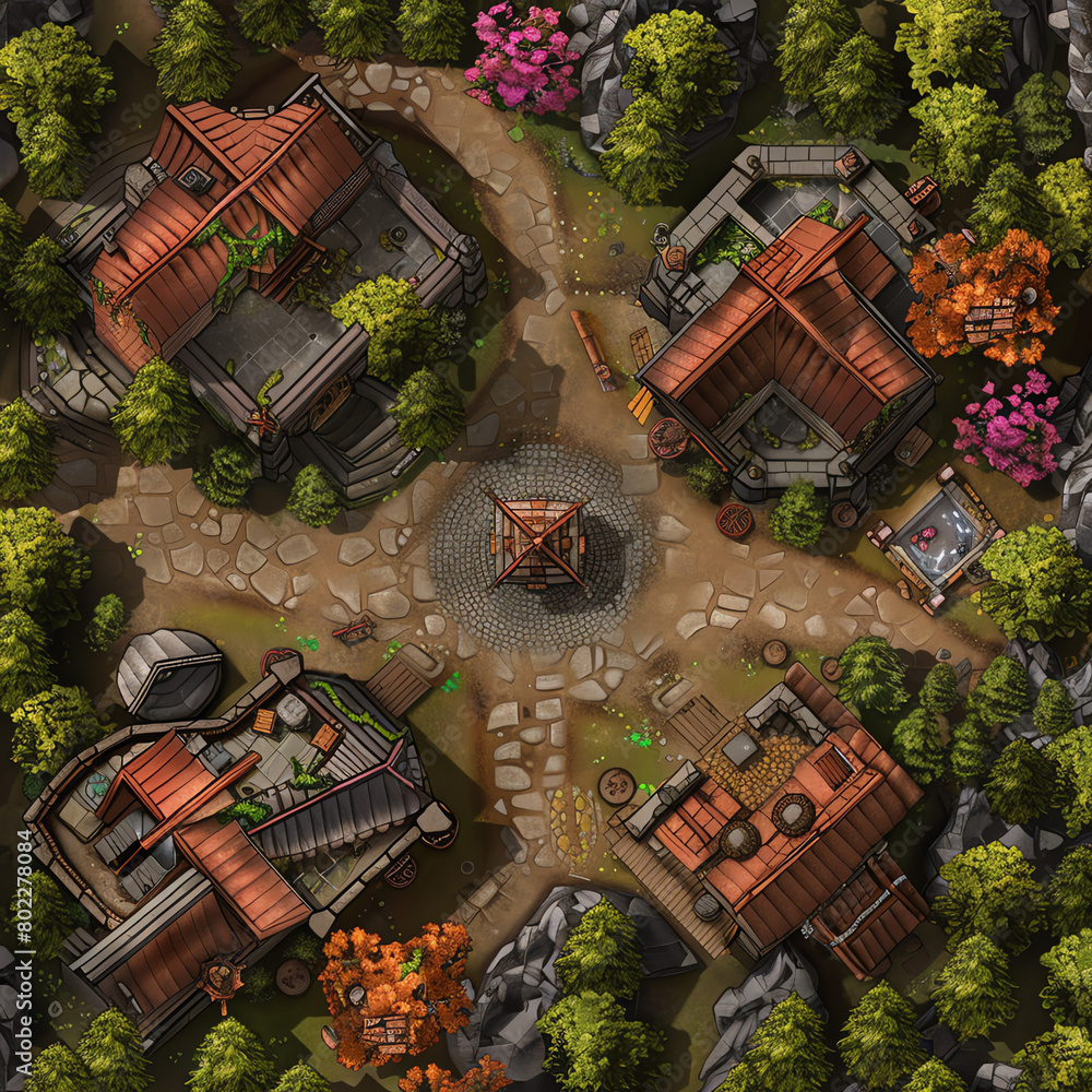 Poster rustic village layout with pathways and houses surrounded by trees in a serene landscape