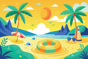 A tropical beach scene with palm trees and a yellow sun
