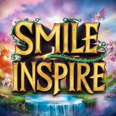 The words "Smile" and "Inspire" in a whimsical 3D style are set against a fantastical landscape with a waterfall, unicorn, dragon, and other magical creatures.