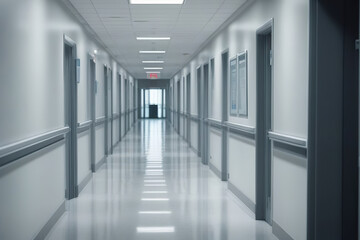 Empty hospital corridor with bright lighting and clean, modern design. Healthcare and medicine concept